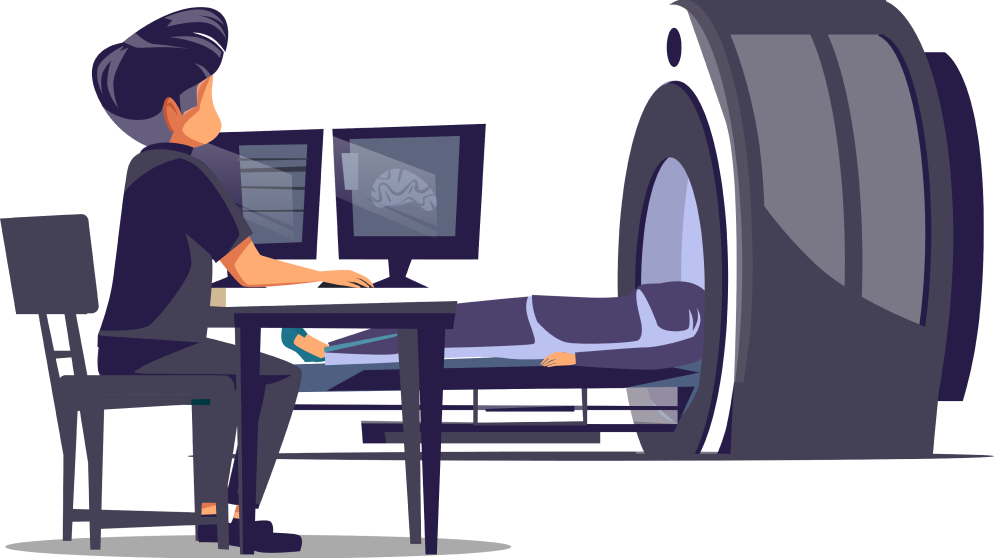 An illustration of a radiologist sitting at a workstation with multiple monitors, analyzing medical imagery, with an MRI machine and a patient in the background.